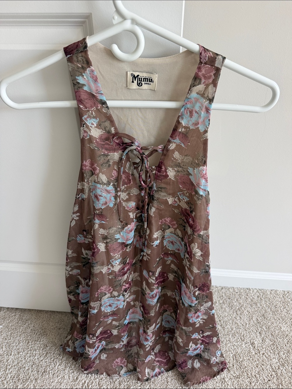 Show Me Your MuMu Brown Floral Lace-Up Dress with Blue & Mauve Accents - Picture 1 of 1